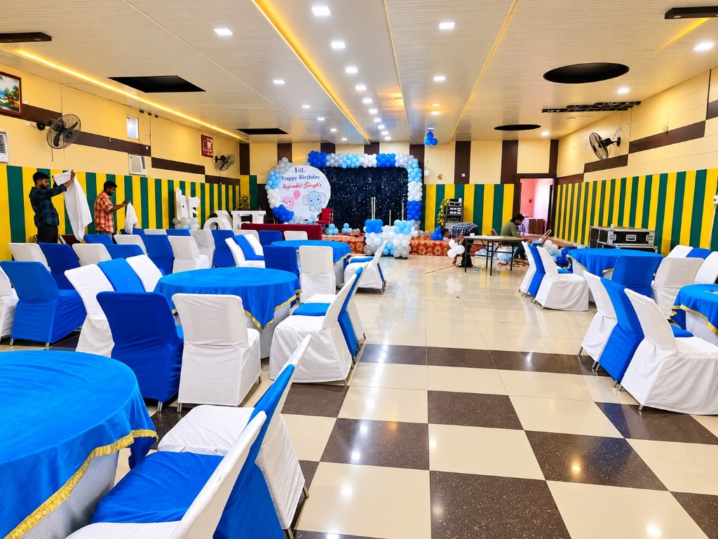 Decorated birthday celebration hall with customized balloon stage at Shah Junction
