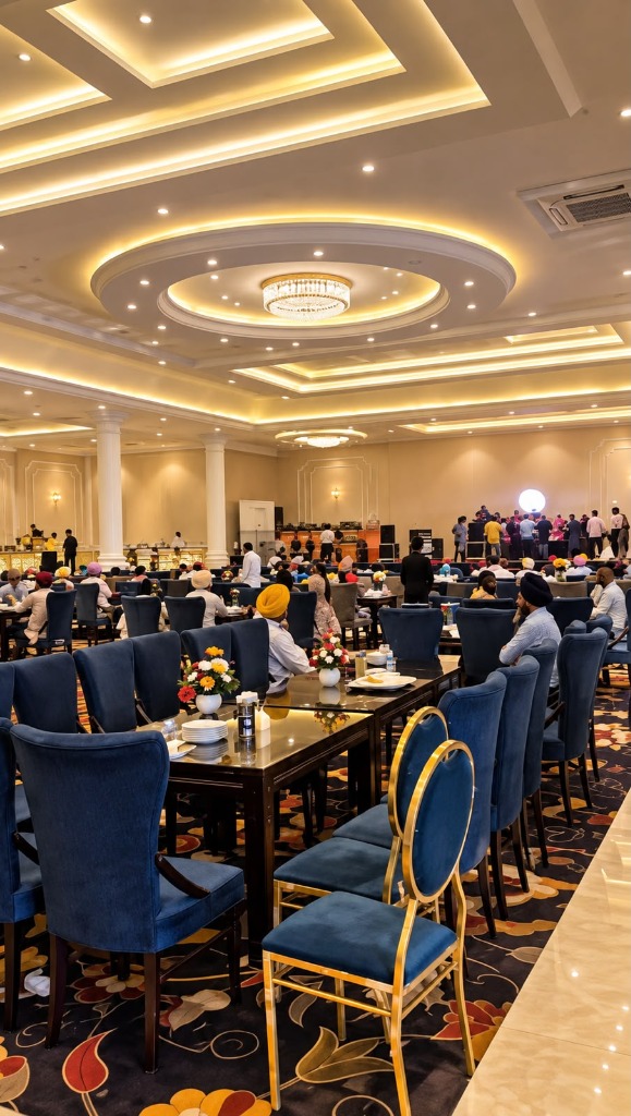 Joyful wedding celebration inside the grand banquet hall with circular tiered chandelier, seated guests, royal blue chairs, and live stage
