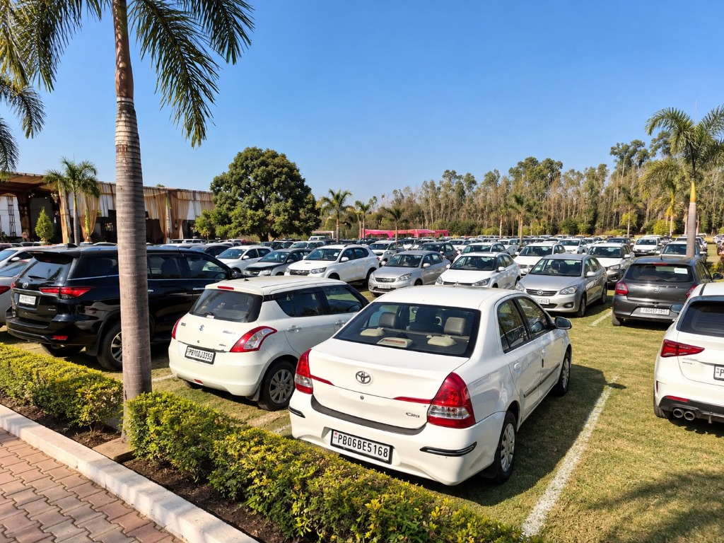 Spacious landscaped car parking lot filled with hundreds of guest vehicles at Shah Junction Villa in Punjab