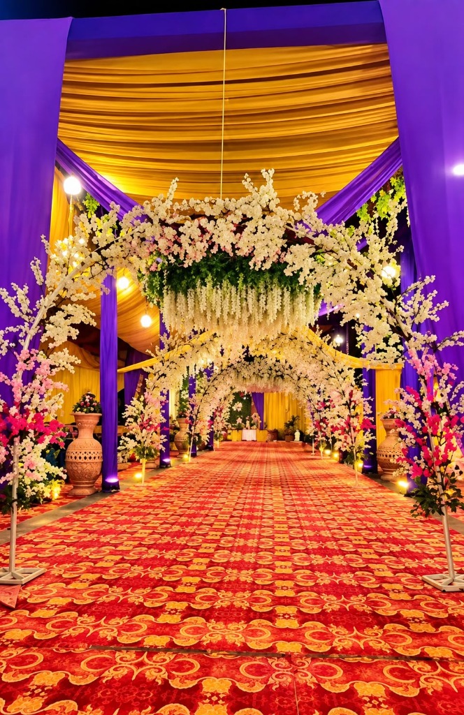 Illuminated purple and gold royal floral tunnel walkway with cascading wisteria blossoms and red damask carpet at Shah Junction Villa